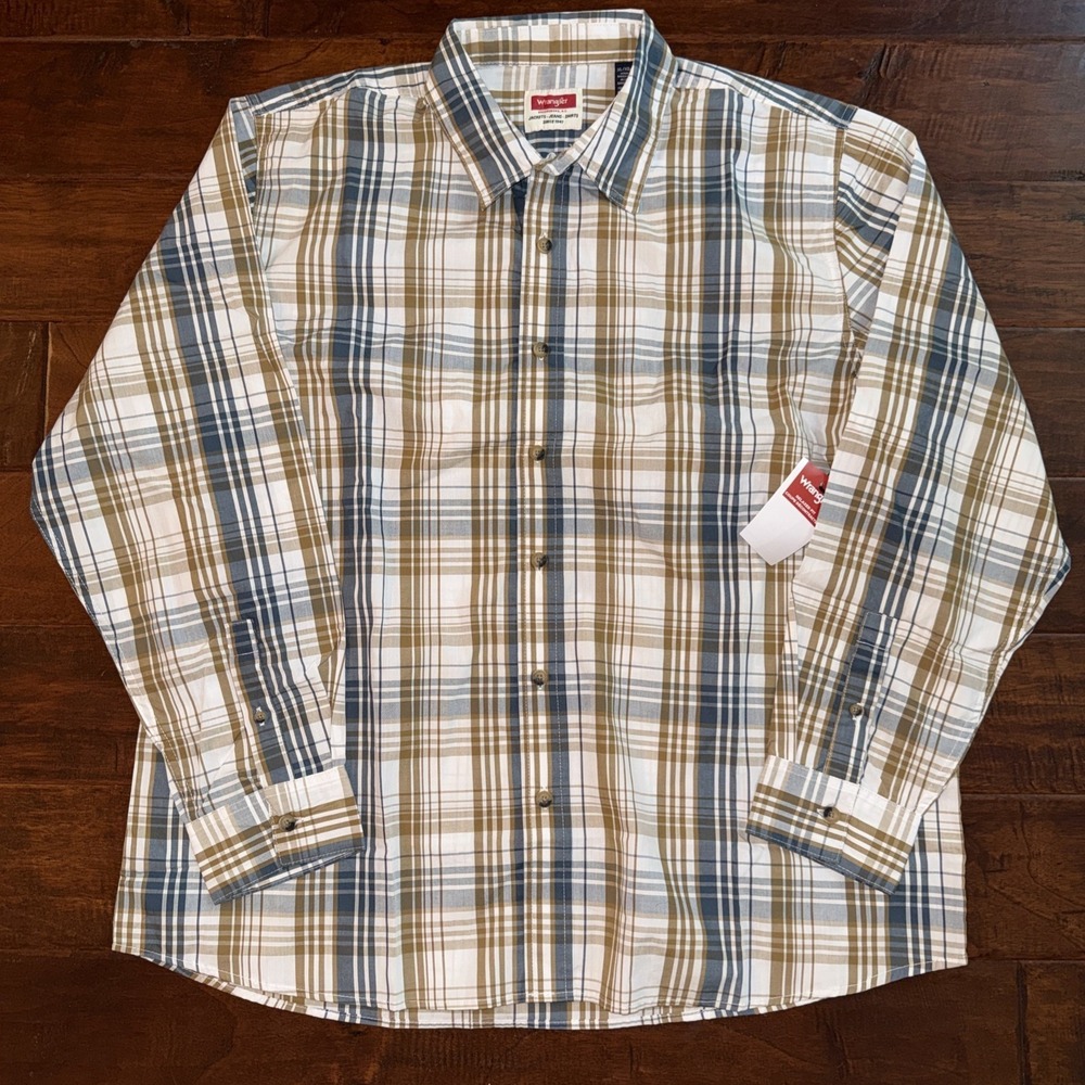 Wrangler Men's Cream Brown Plaid Western Shirt Long Sleeve Relaxed Fit Size XL‎